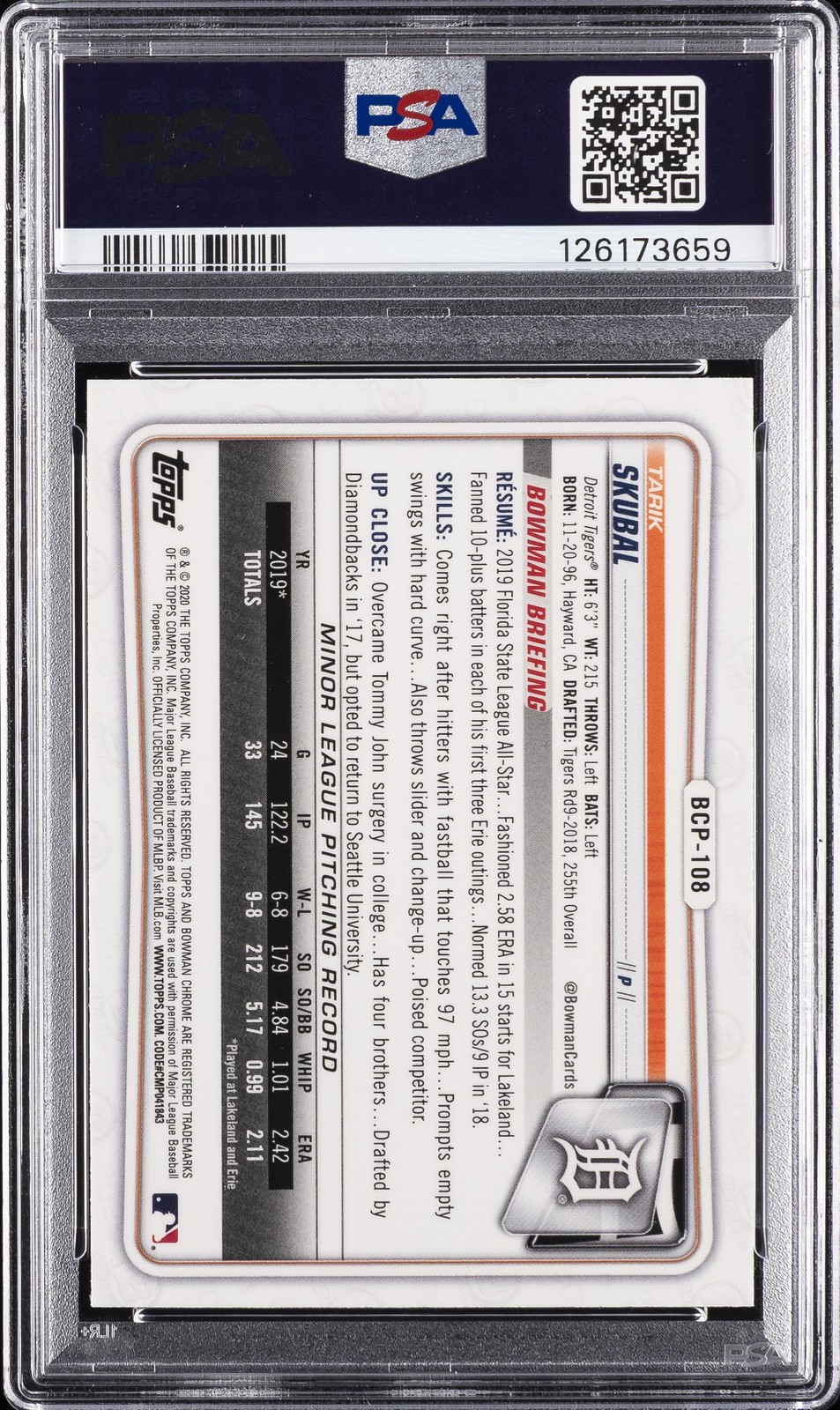 2020 BOWMAN CHROME SAPPHIRE EDITION #BCP108 TARIK SKUBAL PSA 10 view 2
