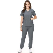 Scrubs Set for Nurse Uniform V-Neck Top and Drawstring Jogger Pants with Mult...