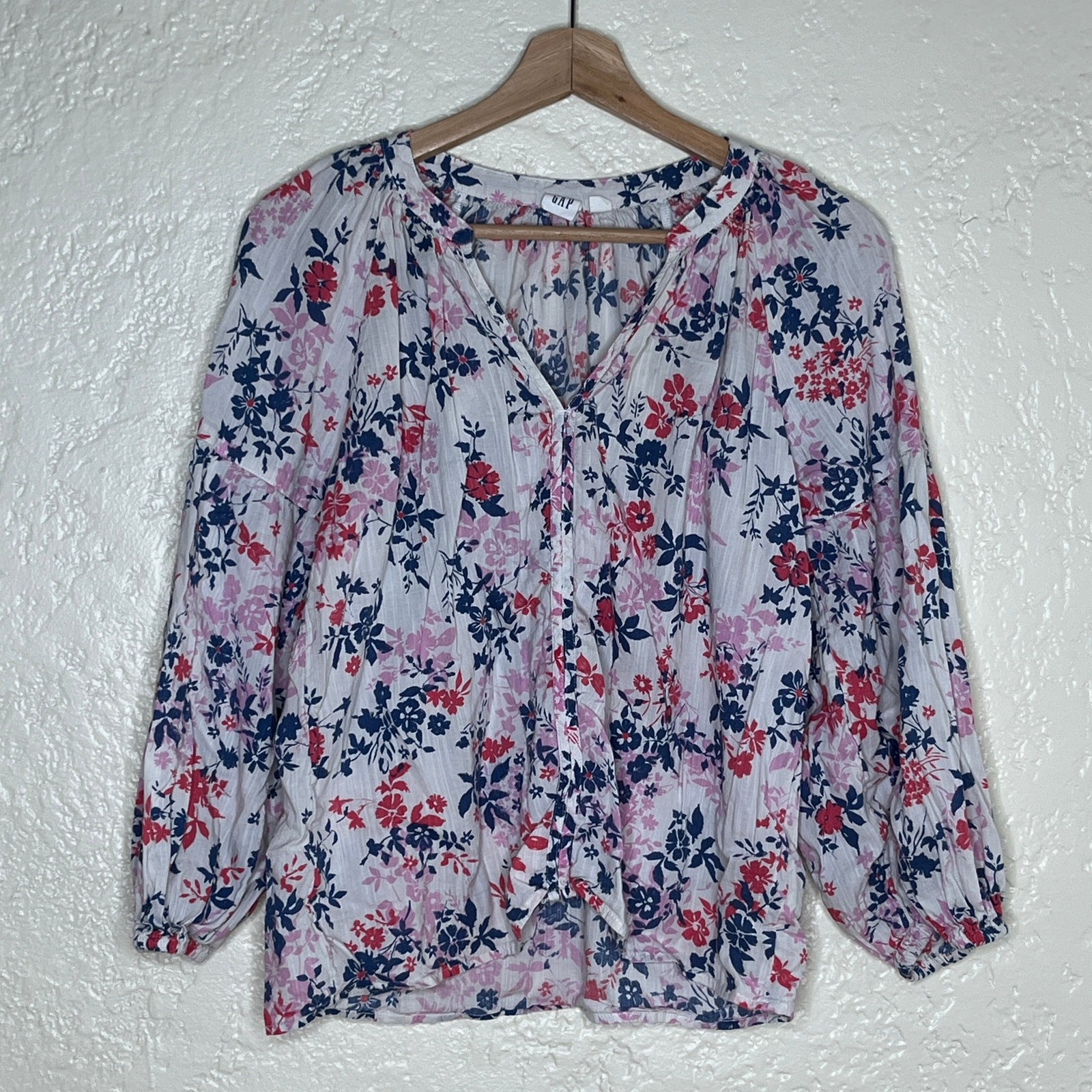 Gap Womens Floral V-Neck Cotton Rayon Peasant Blouse 3/4 Sleeve Size XS