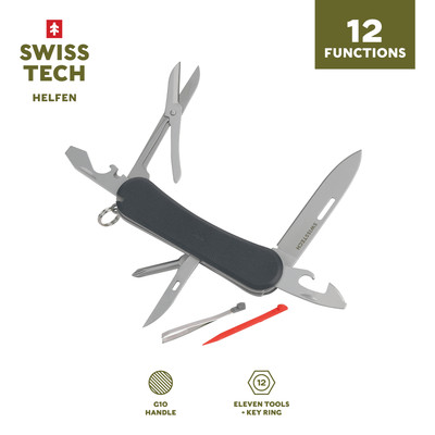 Swiss Tech Helfen 12-in-1 Multi Tool Knife with Stainless Steel Drop Point Blade