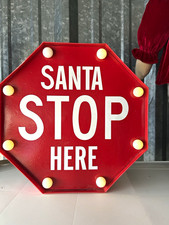 Lighted Santa Stop Here Red Octagon Metal Christmas Wall Sign Plaque