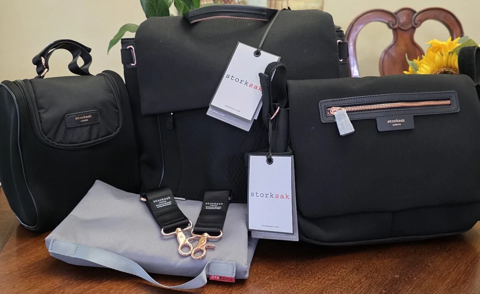 Bolsa de pañales convertible Storksak St James paquete de lujo 4 piezas oro rosa nueva con etiquetas Foto 2 de 4