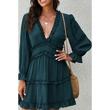 Women Dress L Green Ruffle Going Out Tiered Mini Boho Party Brunch Cottage