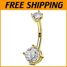Yellow Gold Belly Ring CZ Navel Jewelry 14G Bar Length 10mm