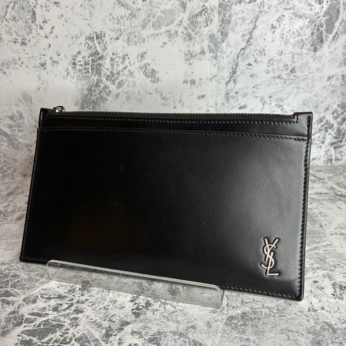 YSL Saint Laurent Pouch Bag Card Case Black Leather Cassandra Zip Closure  Women
