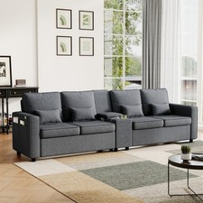 4-Seater Full Back Linen Fabric Sofa with Cup Holders for Living Room, Grey