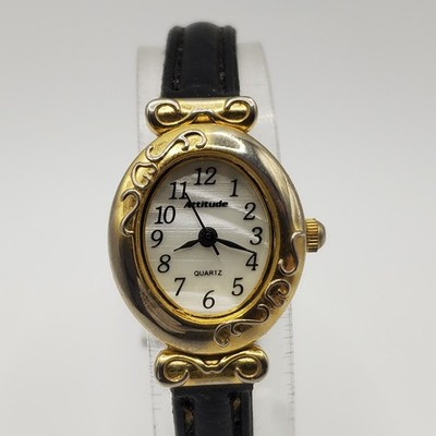 Attitude Oval Watch Women 19mm Gold Tone Black Band New Battery