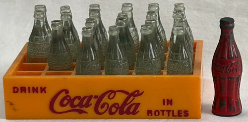 Vintage Coca Cola Miniature Yellow Plastic Case w/ 21 Bottles & Pencil Sharpener
