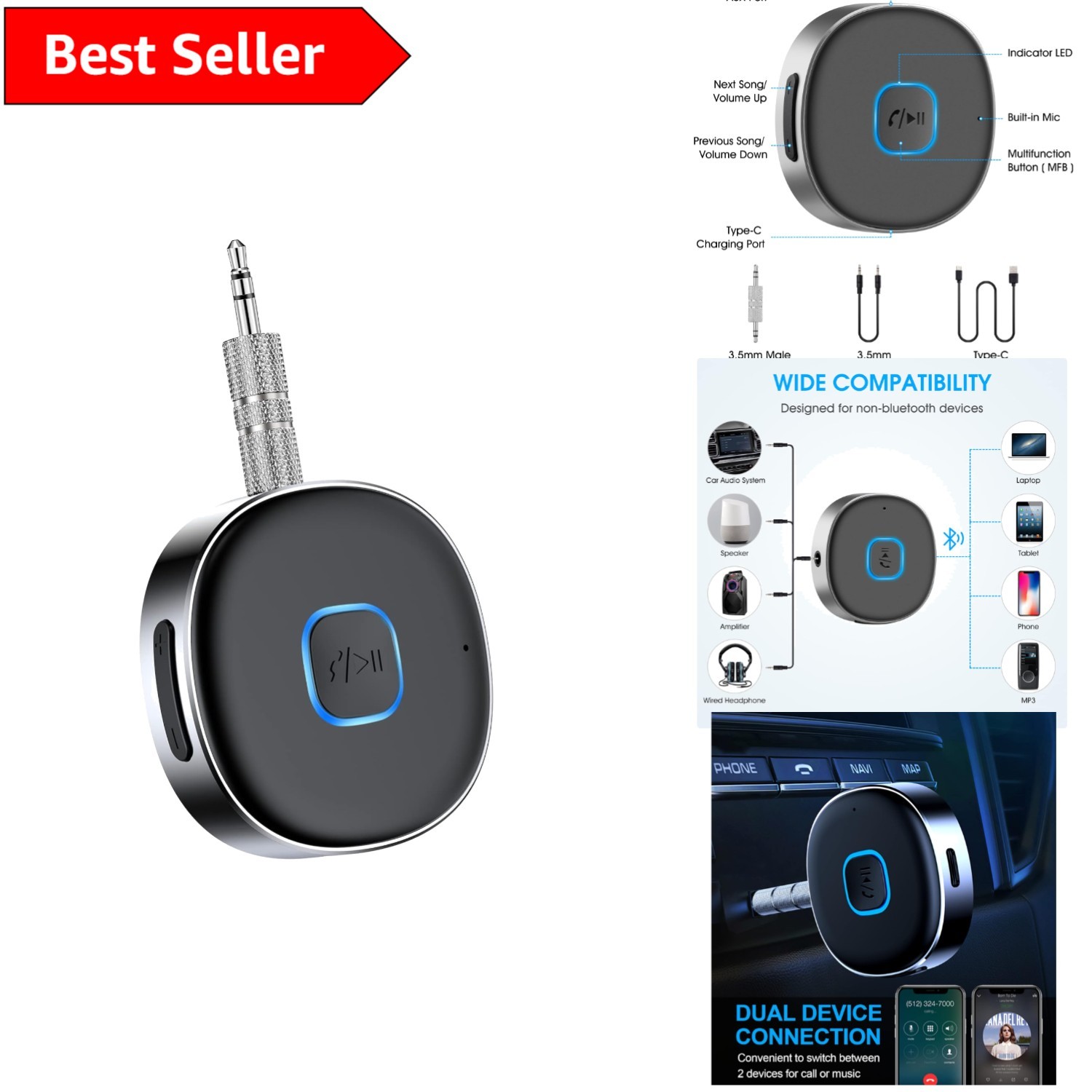 Portable Bluetooth 5.0 Receiver with 16H Battery and 3.5mm Aux for Hands-Free Audio