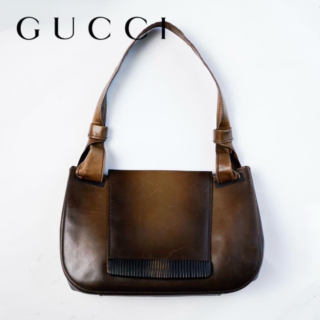 GUCCI Tom Ford Era Shoulder Bag Flaplock Leather Wood Brown Black Hardware Japan