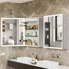 Bluetooth Dual Side Mirror LED Light Bathroom Cabinet with Power Strip Anti-Fog