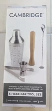 Cambridge 5 Piece Bar Tool Set: Shaker, Tongs, Stirrer, Jigger, and Wood Muddler
