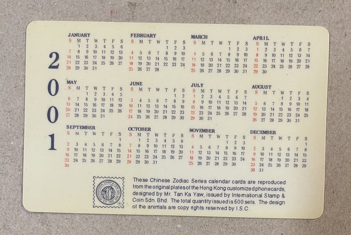 2001 Chinese Zodiac Year of Snake plastic pocket calendar by ISC