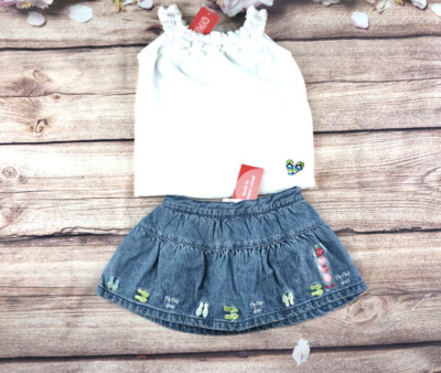 Vtg Gymboree 18-24 Months Girls Pool Party Flip Flop White Top Denim Skirt Set 