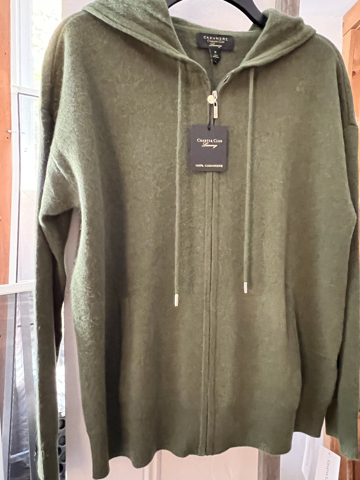 NWT CHARTER CLUB 100 Cashmere Hoodie Full Zip Sweater, Hunter Green, M