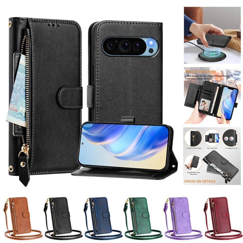 Leather Zipper Card Stand Wallet Case Magnetic Phone Cover with Wristlet Strap - Image 2 of 4