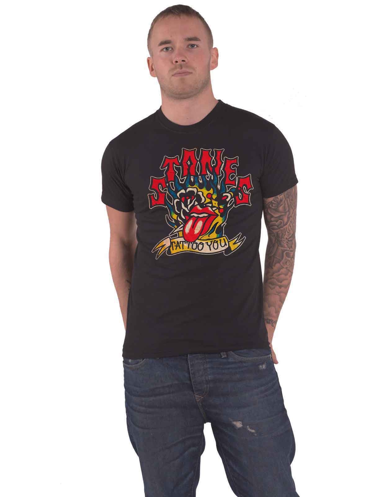 The Rolling Stones Official Mens Black T-Shirt with Blue Flames Logo