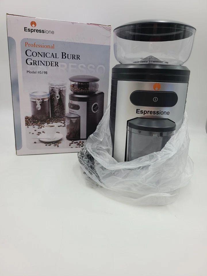 Molinillo de café profesional de rebabas cónicas Espressione, negro/plateado. Caja abierta nueva Foto 4 de 4