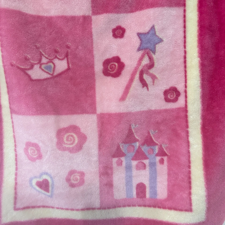 Pink Little Princess Baby Blanket Luxe Fleece Castle Crown Wand Squares Hearts - Image 4 of 4