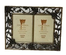 Brushed Metal Dual Picture Frame 2.5x3.5 Ivy Vine Roses Connoisseur Ornate