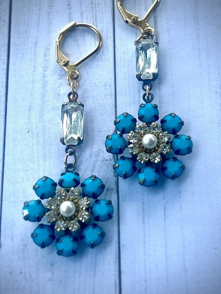 Brincos femininos Swarovski de cristal azul e transparente feitos à mão - Imagem 3 de 4