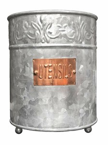 Galvanized Large Kitchen Utensil Holder Handmade Pretty Embossing