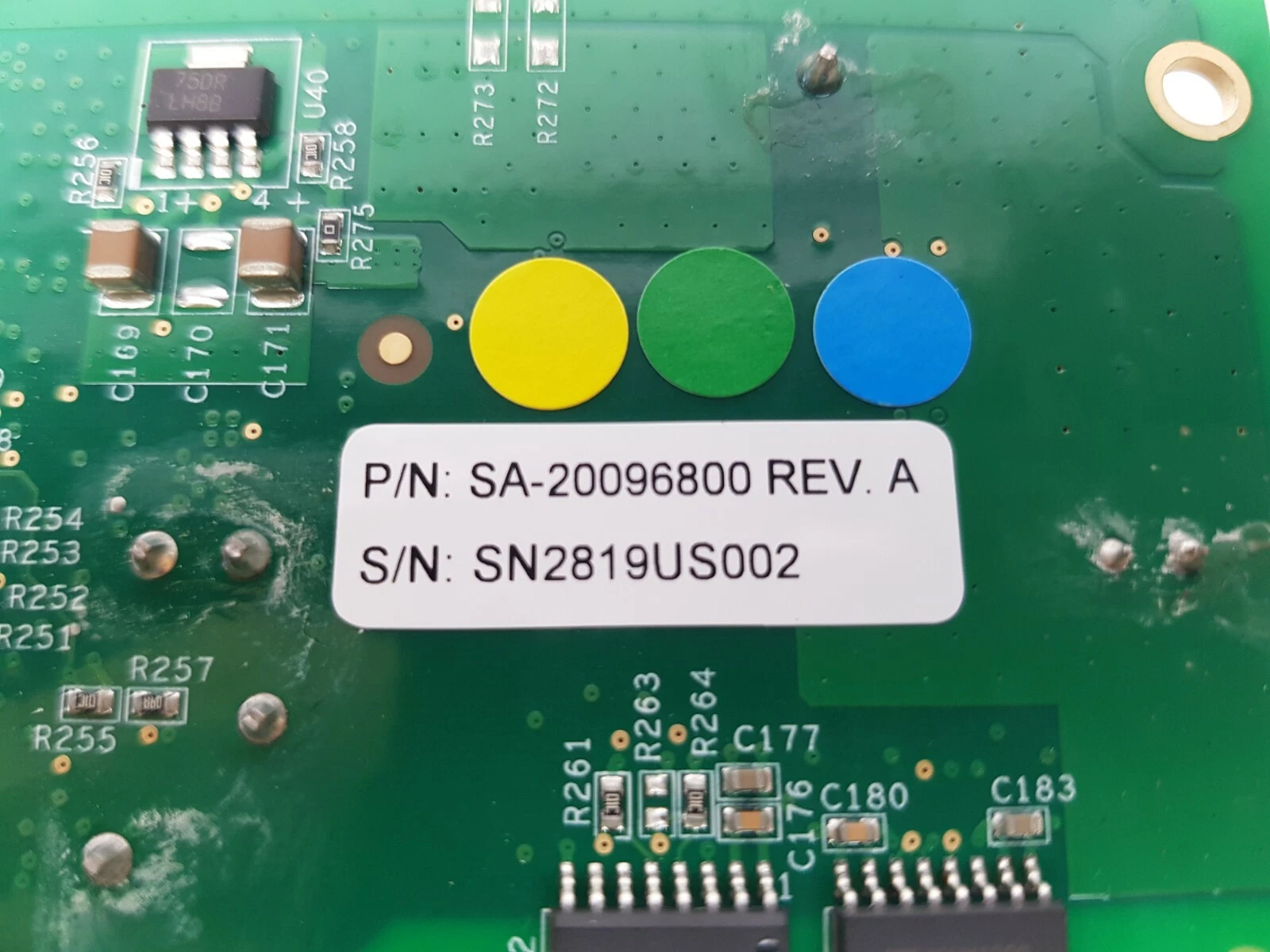 Back of the Lumenis scanner board: label P/N SA-20096800 REV. A, S/N SN2819US002, three colour dots