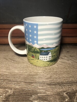 Gibson Home Warren Kimble Country Life Coffee Mug Red Barn Flag Americana 4  E2