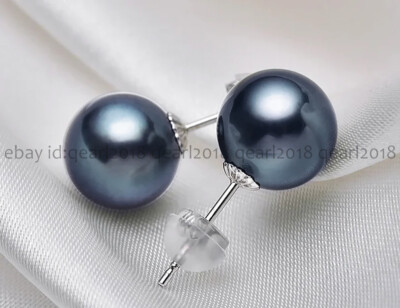 #ad Perfect Round Real Natural Black South Sea Pearl Stud Earrings 14K White Gold $26.95
