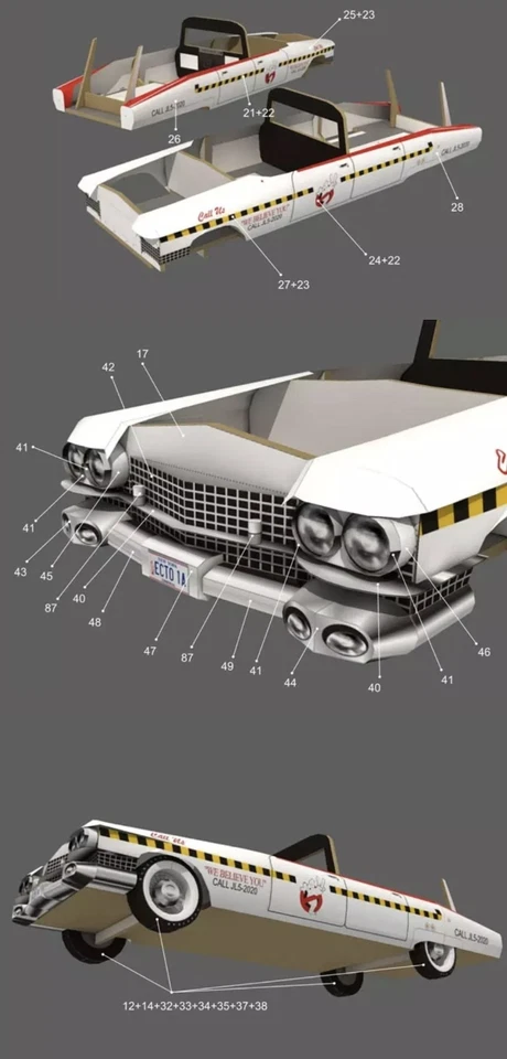 Papierbausatz 1:20 Ab14+ Ecto-1 Ghostbusters-Auto Cadillac Fleetwood Modell3599 - Bild 4 von 4