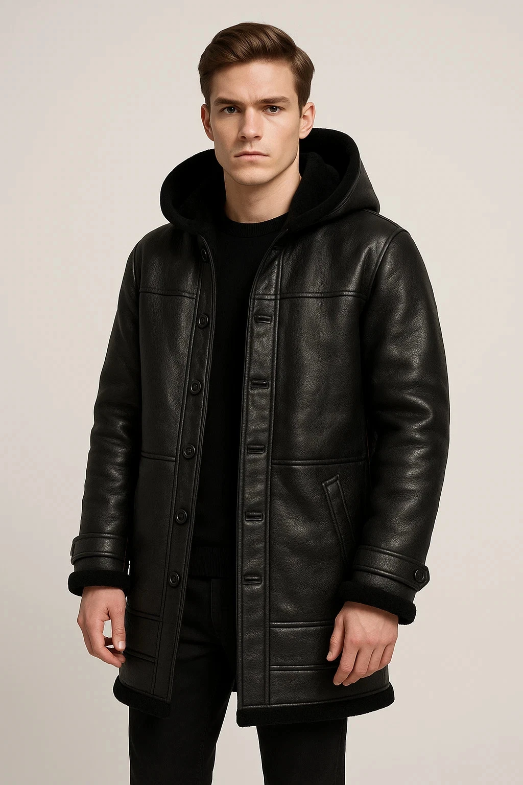 Men’s Black Faux Shearling Leather Hooded Coat | Genuine Sheepskin Winter Coat