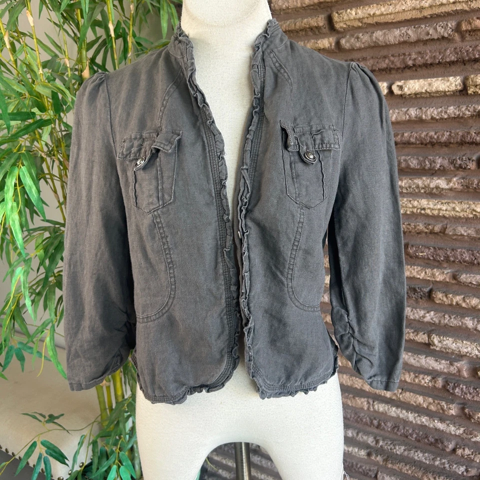 Chaqueta informal INC International Concepts gris con volantes grunge 100 % lino mediana Foto 2 de 4