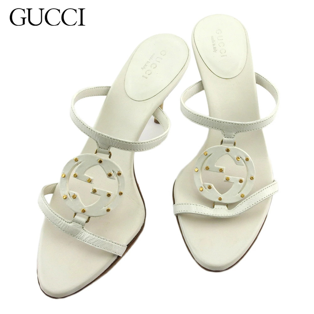 GUCCI Sandals Shoes Women's #34 Half C Interlocking G Mark Double G White Beige
