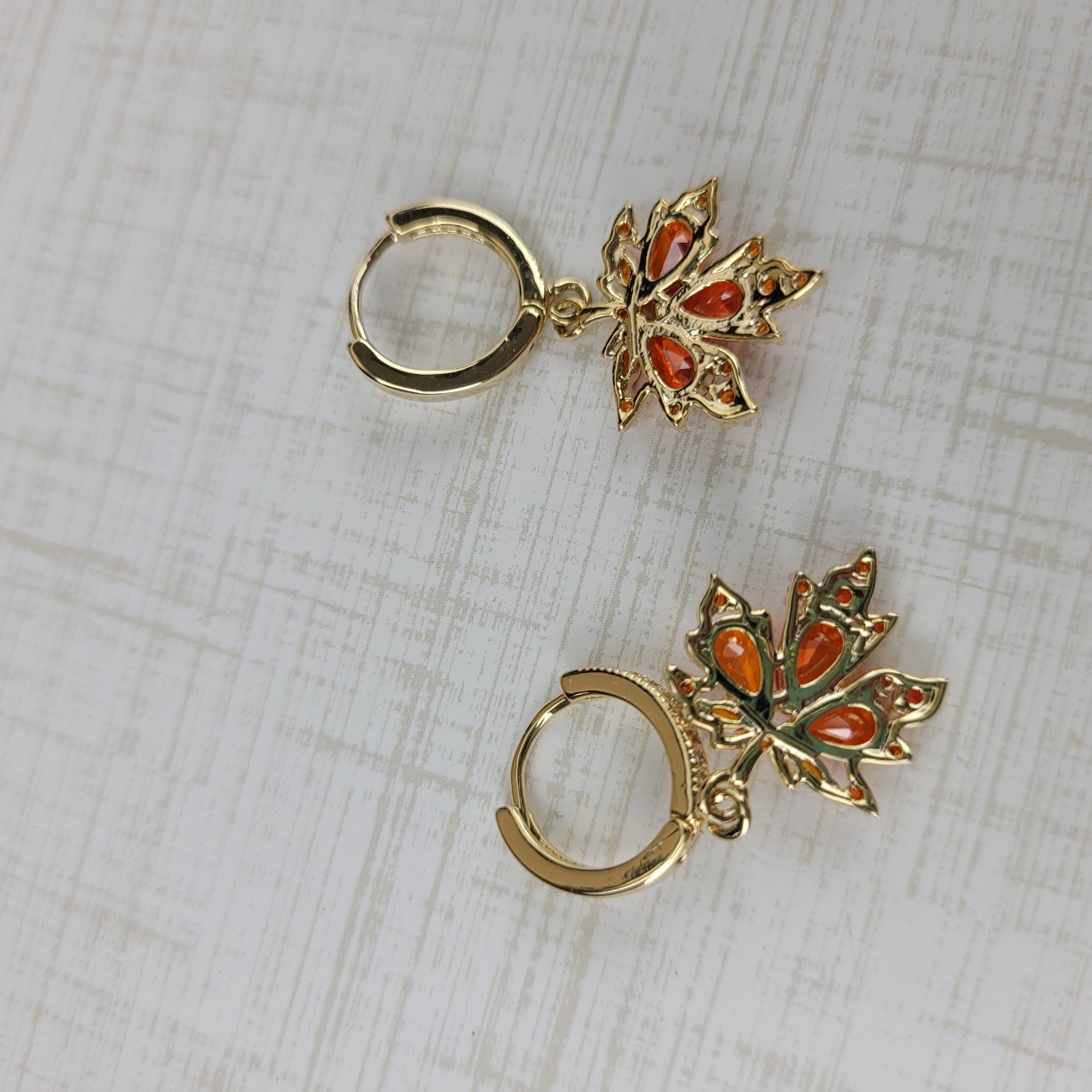 Orange Crystal Maple Leaf Dangle Pierced Earrings… - image 4