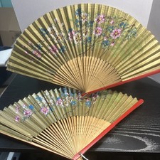 Hand Painted Paper and Bamboo Hand Fan Vintage Japanese lot of 2