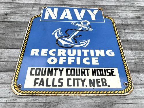 VINTAGE NAVY RECRUITING OFFICE GASOLINE PUMP STATION PORCELAIN MOTOR OIL SIGN