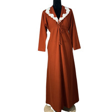 Vtg 60s 70s Kayser Robe SMALL Rust Orange Long Length Pockets Tie Button Lace