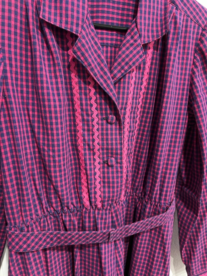 Vestido Camisa Vintage Gingham Manga Longa Rosa Azul Cinto Carreira Preppy Academia - Imagem 4 de 4