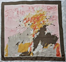 SCARF VINTAGE AUTHENTIC ABSTRACT ART RED GRAY BEIGE SATIN SILK 31'' SQUARE