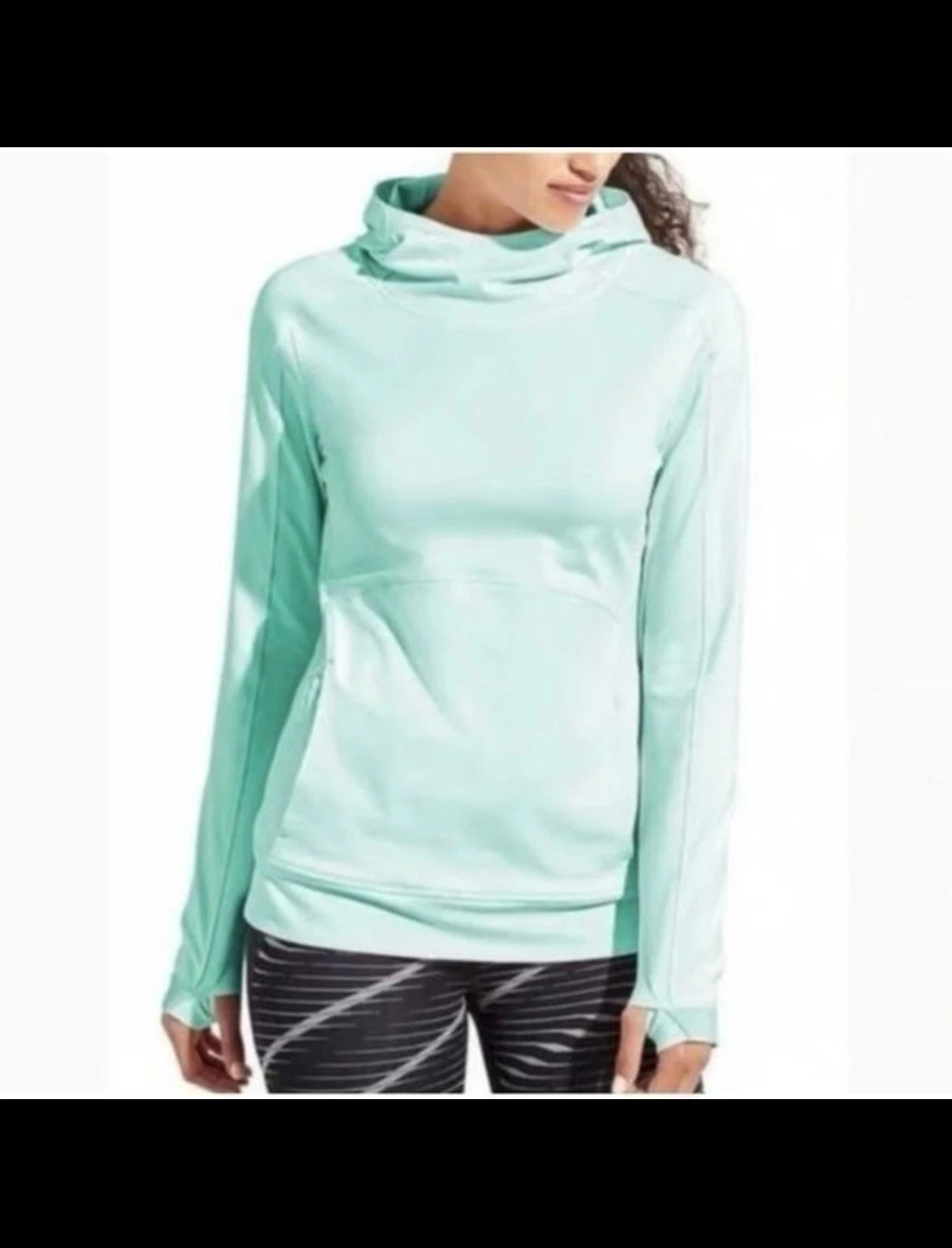 Athleta Stow Pullover Hoodie Sweatshirt Aqua Thumbholes Pockets Tech FLAW Small