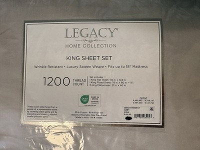 Legacy New King Size Sheet Set 1200 Thread Count Light Gray