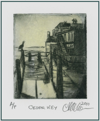 Cedar Key FL Florida Pelican- Fishing Pier Dock ORIGINAL ETCHING Signed Numbered