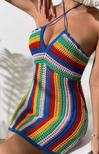 Forever 21 Halter Neck Boho Colorful Striped Summer Crochet Mini Dress Small NWT