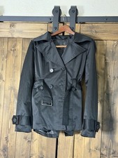 GUESS Size L Womens Black Double Breasted Button Belted Pea Coat Short Trench