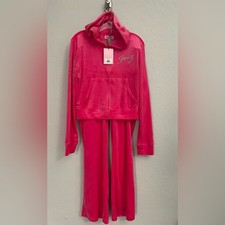 Juicy Couture Velour Tracksuit Set Pink Party Rhinestone Hoodie/Pant Y2K-Size L