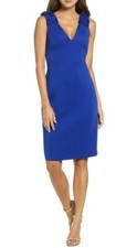 Eliza J Womens Sleeveless Bow Shoulder V Neck Scuba Sheath Dress Blue Size 4