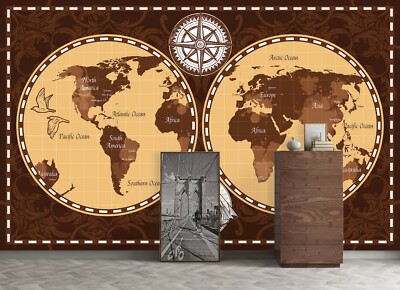 3D Brown Sailboat 269NAO World Map Wallpaper Mural Removable Self-adhesive Amy