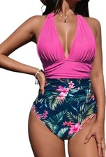 CUPSHE One Piece Swimsuit Bathing Suit Pink Floral Backless Halter One Piece-S