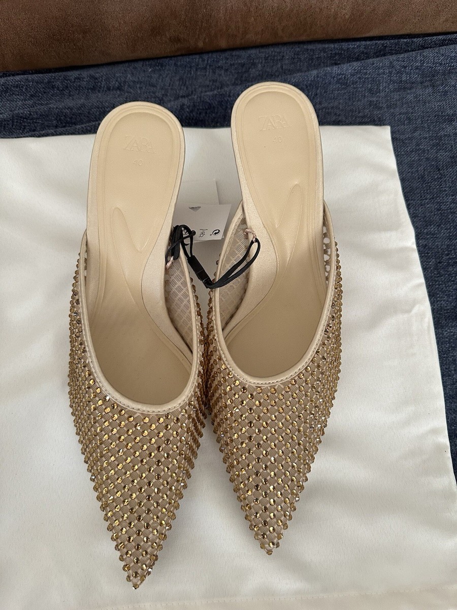 Zara Vynil Mesh Heeled Mules Rhinestonee Beige Size 4 | eBay UK