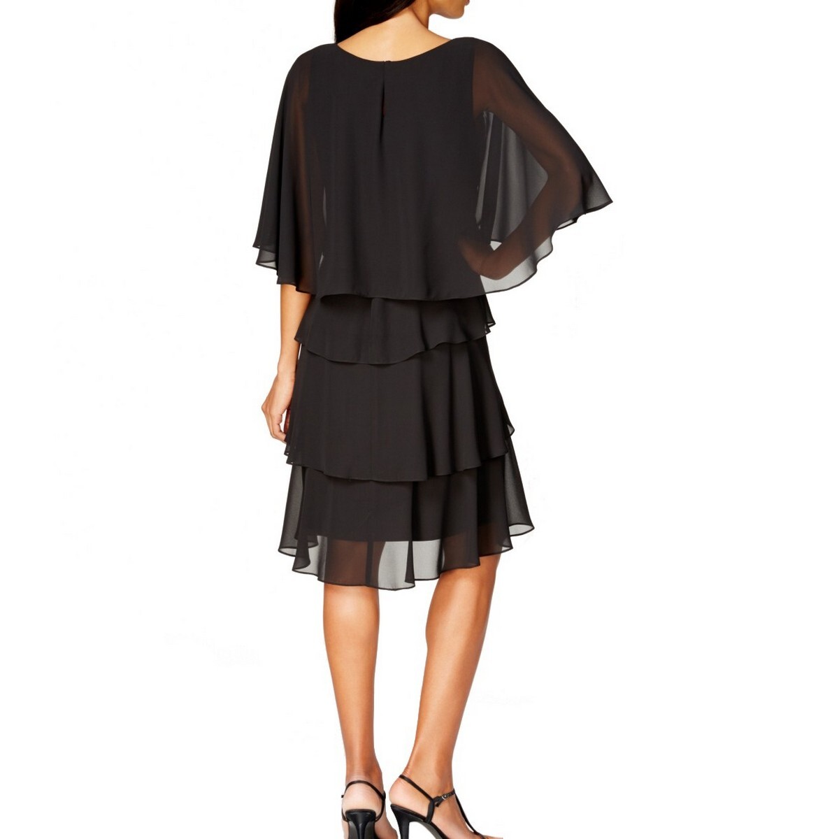 SLNY NEW Women's Black Embellished Beaded Tiered Capelet Shift Dress TEDO